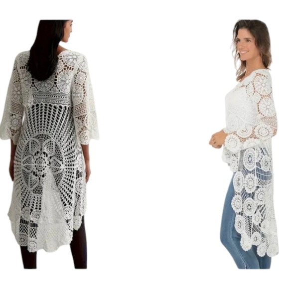 New Crochet Floral hi low Cover up Tunic white long flowy Small - Picture 1 of 6